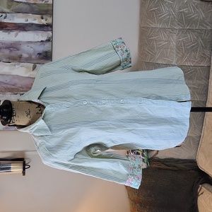 Karen Scott Sport Green Heritage Stripe 3/4 Sleeve Floral Accent Button Up
